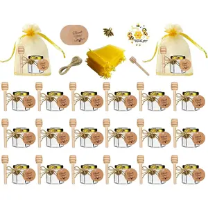 20 Pack Glass Honey Jars, 1.5 oz Hexagon Honey Pots with Lids, Wooden Dippers, Bee Pendants,  Bags, Thank You Cards, Jutes and Stickers-Ideal  for  Shower, Wedding and Party Favors
