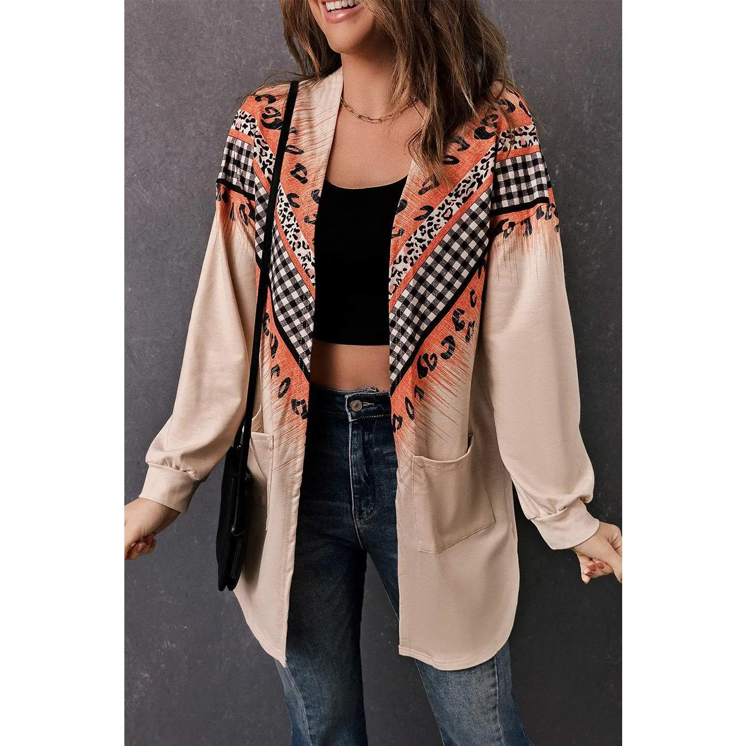 Double Take Leopard Plaid Open Front Longline Cardigan with Pockets
