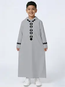 Muslim Boy Hooded Embroidered Robe, Light Middle Eastern Traditional Ethnic Clothing, Prayer Wear