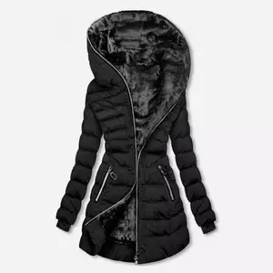 Women's hooded long sleeved warm wool lined cotton jacket, winter mid length zipper jacket, zipper fluffy hooded jacket, casual basic style