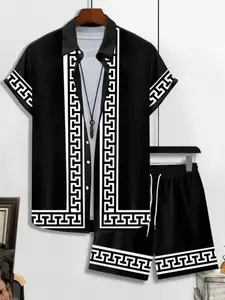 Mens Womens Black White Greek Key Border Print Shirt Shorts Matching Set Summer Beach Vacation Luxury Geometric Two Piece Outfit Casual Loose Drawstring