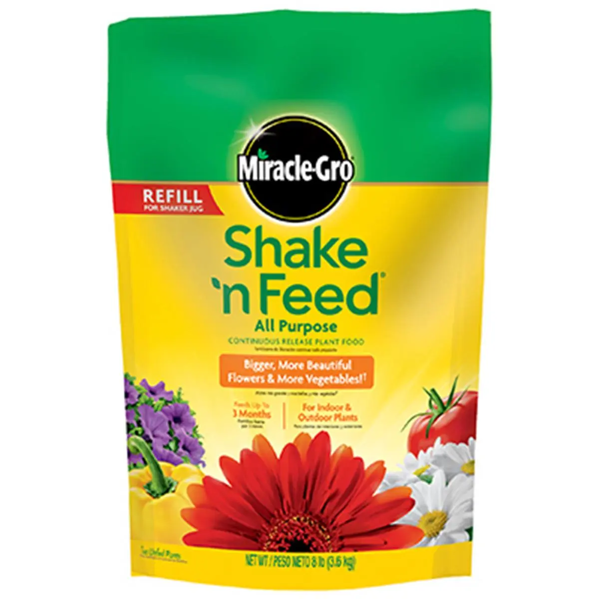 Miracle-Gro Shake & Feed All Purpose Plant Food - 8.47 lbs Resealable Top Refill Bag, All-Purpose Fertilizer Blend with Soil Activators, for Flowers, Vegetables, Trees, Shrubs & House Plants, Both Indoor/Outdoor Use, Lasts Up to 3 Months