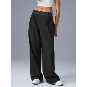 Women's Wide Leg Yoga Pants Black Elastic Waist Loose Fit Sports Straight Pocket Casual Activewear Essential Cropped Bottom Day Dress Light Summer Top