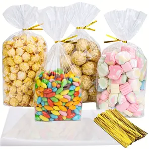 100 flat bottomed packaging bags, transparent plastic and glass paper packaging bags, paired with 100 gold zip ties, suitable for party small gifts, candies, cookies, popcorn, desserts, bakeries, small gift packaging, Gift Wrapping Supplies