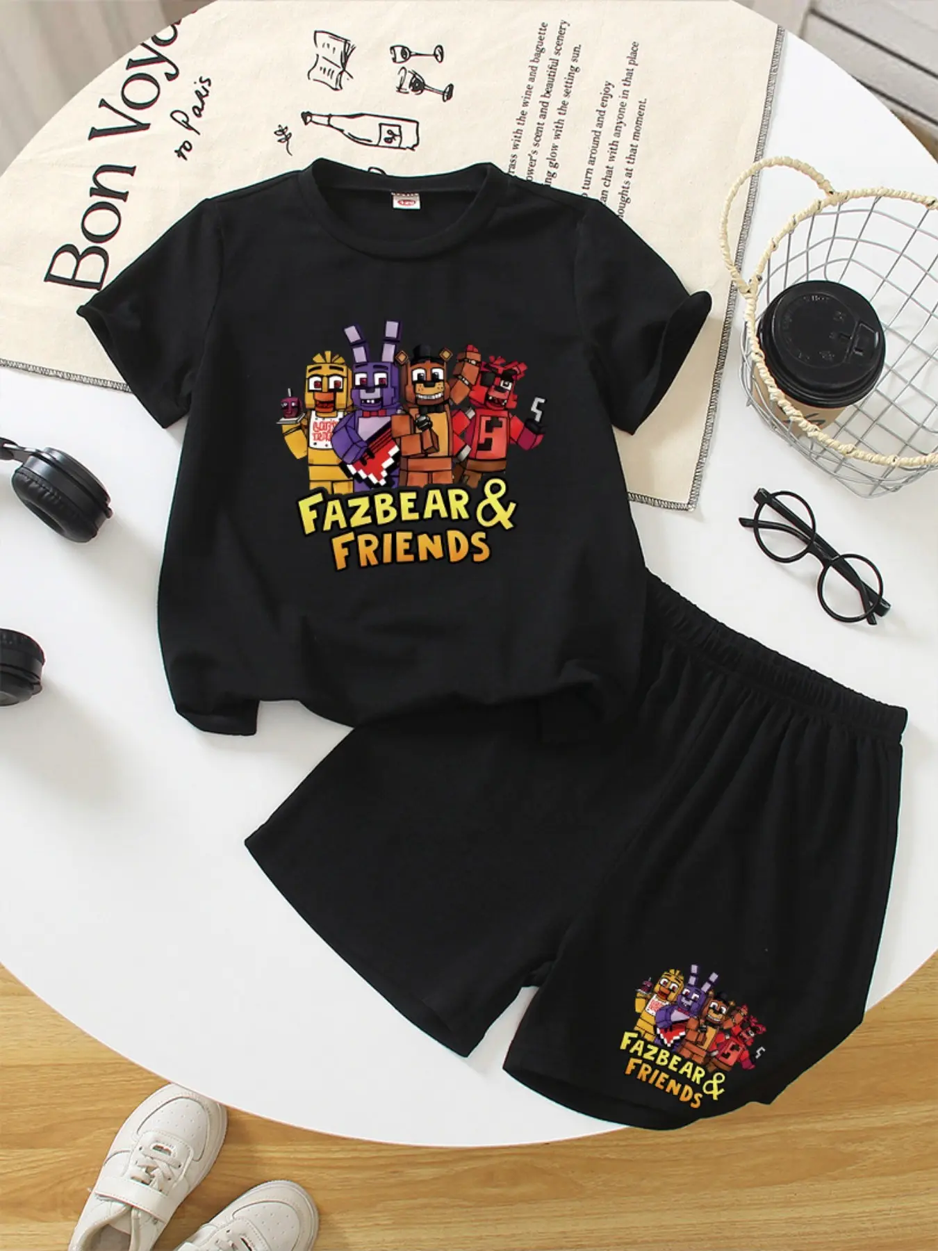 Game Style Fnaf Fazbear & Friends Embroidered Children's Set, Summer New Design Boys And Girls Short-Sleeved T-Shirts + Shorts 2-Piece Set, Comfortable, Casual, Fashionable, Daily Wear, Versatile #Birthday# Gift #School Essentials