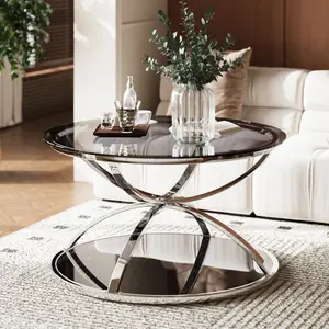 Atumcto 31.5" Round Glass Coffee Table, 2-Tier Modern Center Table with Tempered Glass Top, Chrome Ring Frame, Silver Finish