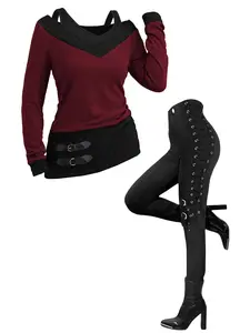 DRESSLILY Women's Outfit Heather Faux Twinset Top Textured Long Sleeve V Neck 2 In 1 Top & Grommet Buckle Lace Up Pants Elastic Waist Punk Skinny Leggings Matching Set