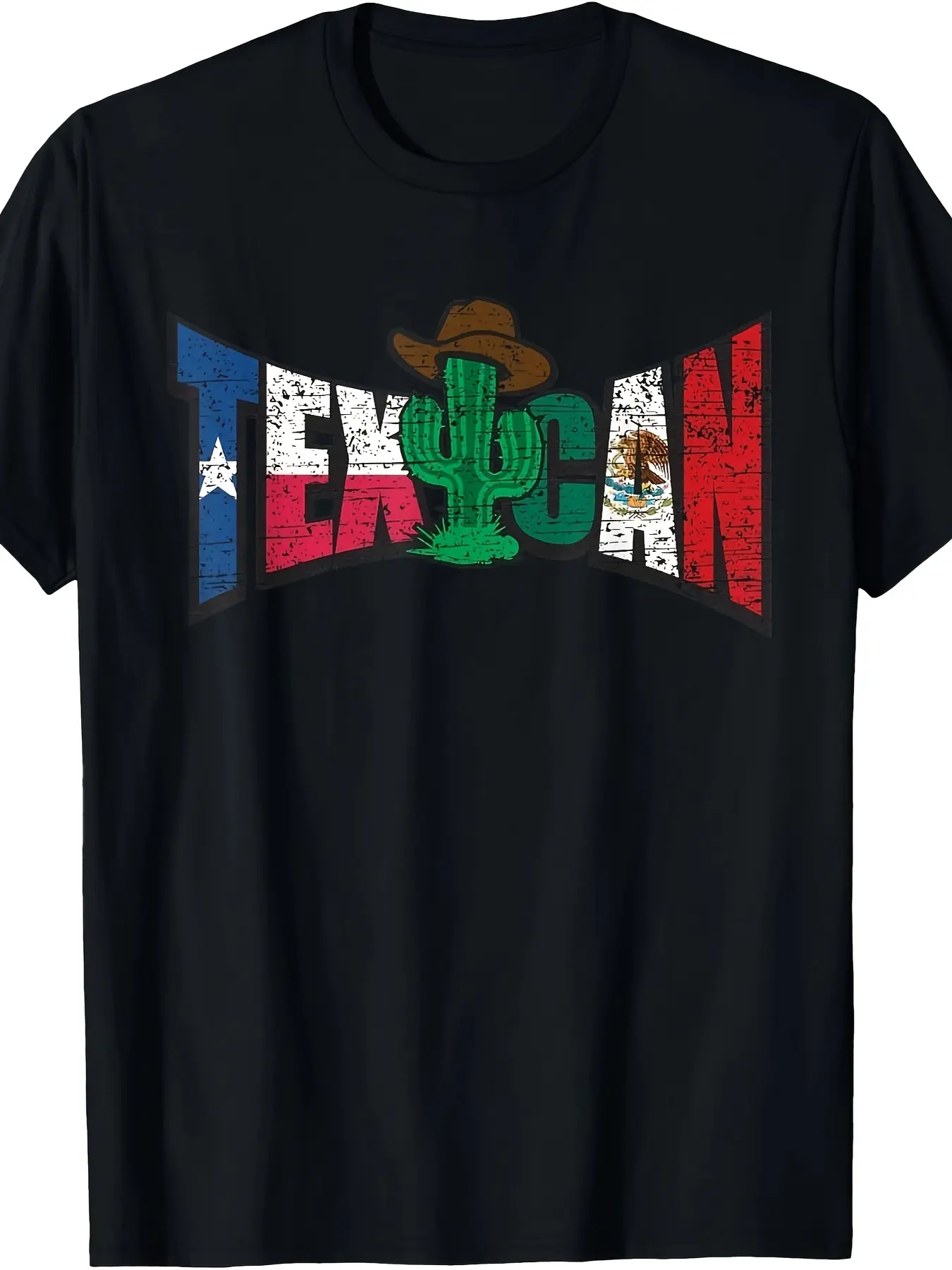 Men's Texican Cactus Flag Graphic T-Shirt, 100% Cotton Short Sleeve Moisture-Wicking Top for Casual Outdoor Wear, Shortsleeve