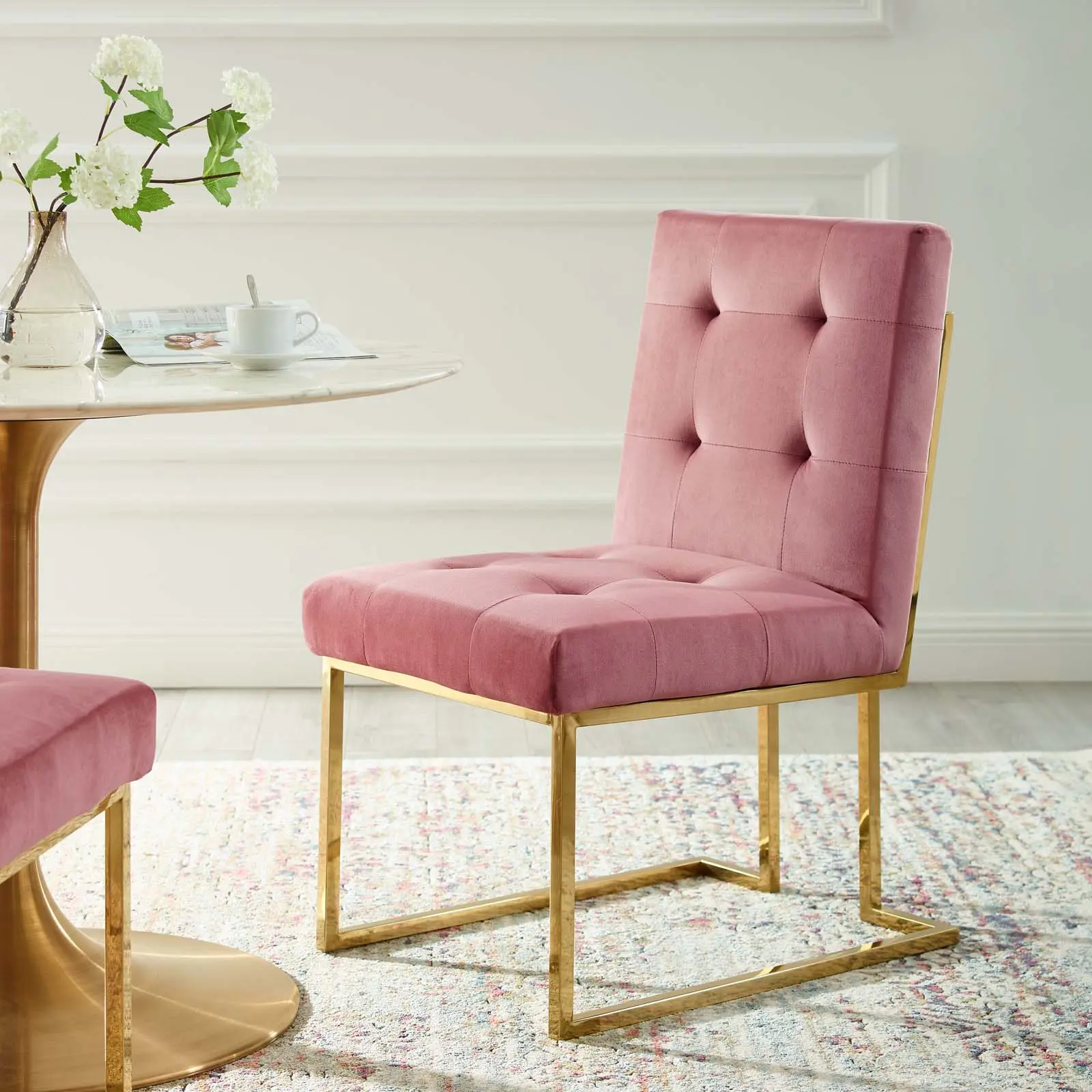Modway Privy Modern Accent Dining Chair - Gold Stainless Steel Geometric Base, Performance Velvet Upholstery, Blush Pink, Fully Assembled for Indoor Use Dining Chairs, Modern Accent Chair, Soft