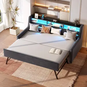 Twin Size Upholstery Daybed with Pop Up Trundle and USB Charging Design, Twin to King Design Extendable Sofa Bed w/ 2-Tier Storage Shelf & LED Light, No Box Spring Required (Dark Grey, Twin to King), Upholstered Storage Bed