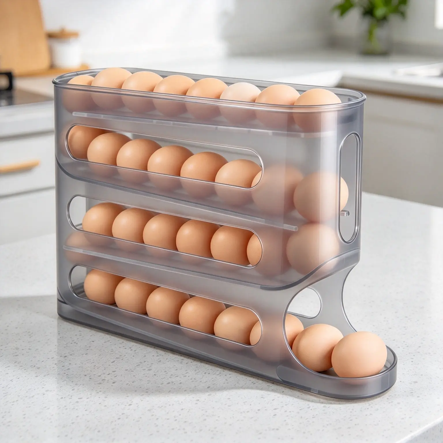 Grey 32-Egg Auto-Rolling Refrigerator Organizer, 4-Tier Space-Saving Egg Dispenser, Large Capacity Home Storage Rack, 32-Egg Capacity