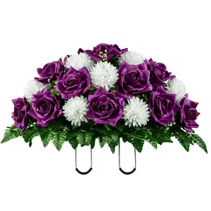 Purple Open Rose and White Mum Cemetery Saddle - Cemetery Flower Arrangement for Grave - Headstone Saddle