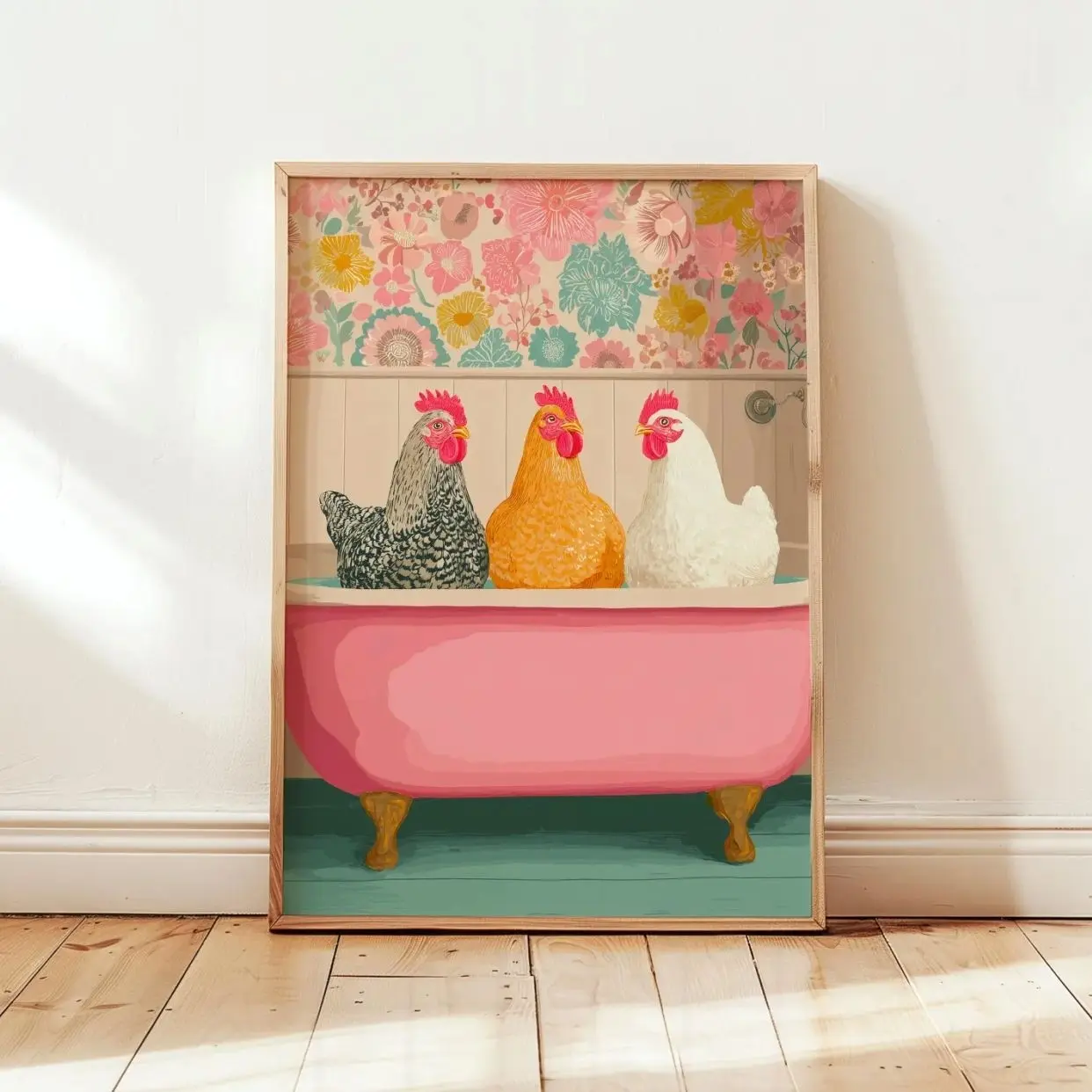 Funny Chickens in the Bathtub Wall Art, Colorful Farmhouse Animal Print, Quirky Kitchen Decor E