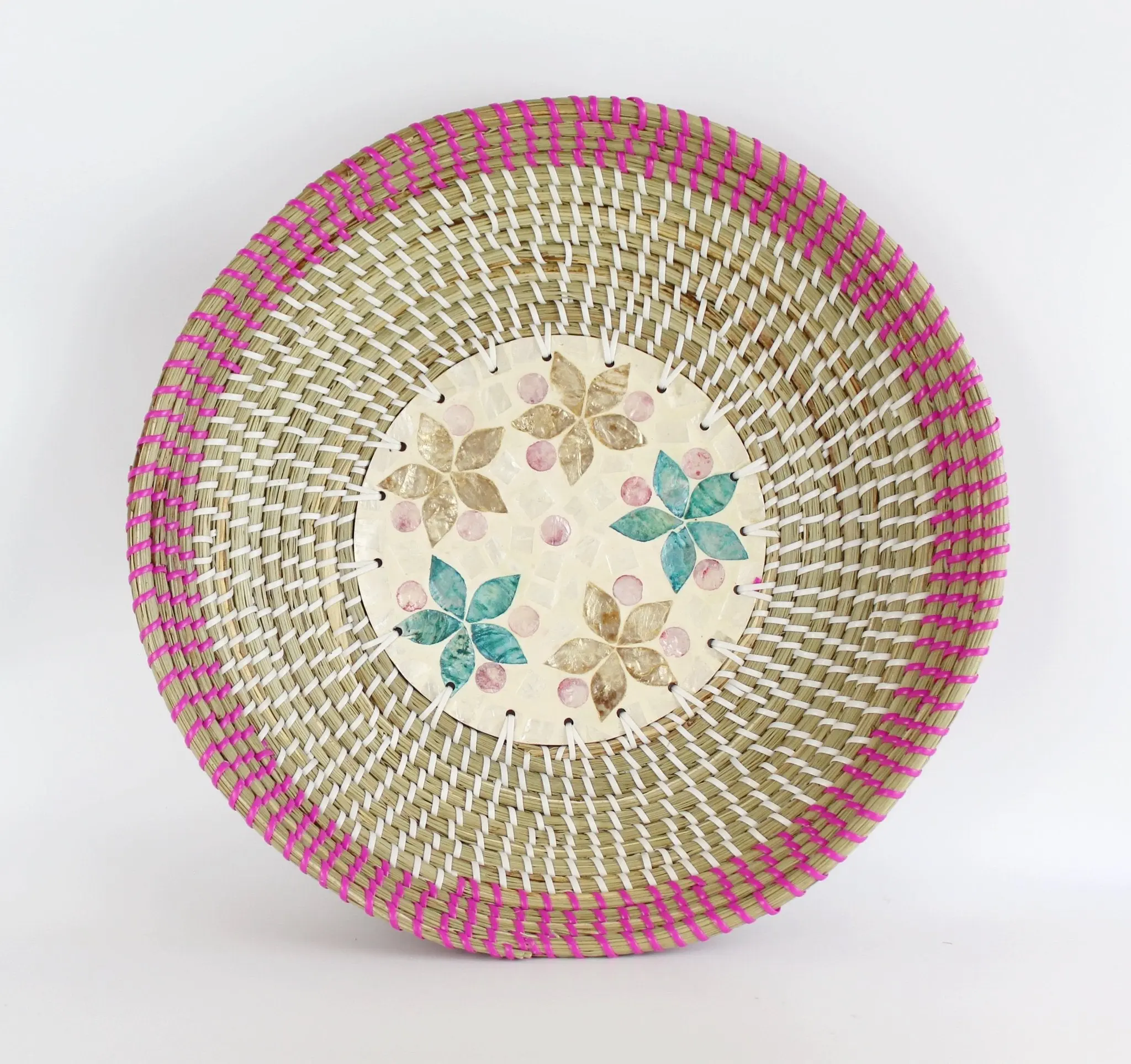 Natural Seagrass Woven Mother of Pearl Round Tray