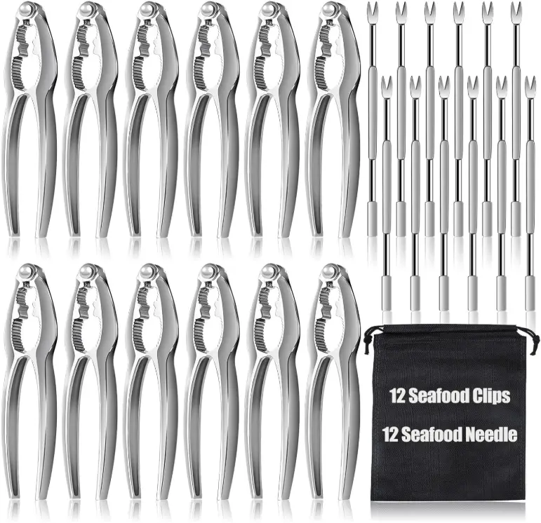 Sturdy Stainless Steel Seafood Utensil Set (24-Piece) - 12 Crab Claws, 12 Forks, Machine-Washable Reusable Home Kitchen Tools with Storage Bag for Restaurant Use, Family Gatherings (Boasts Durability)