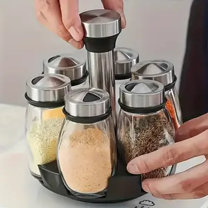 Rotating Spice Rack Set (6 Bottles), 360 Degree Rotatable Organizer, Includes Six Glass Spice Jars, Ideal Modern Kitchen Storage Solution, Kitchen Gadgets, Seasoning, Kitchenware