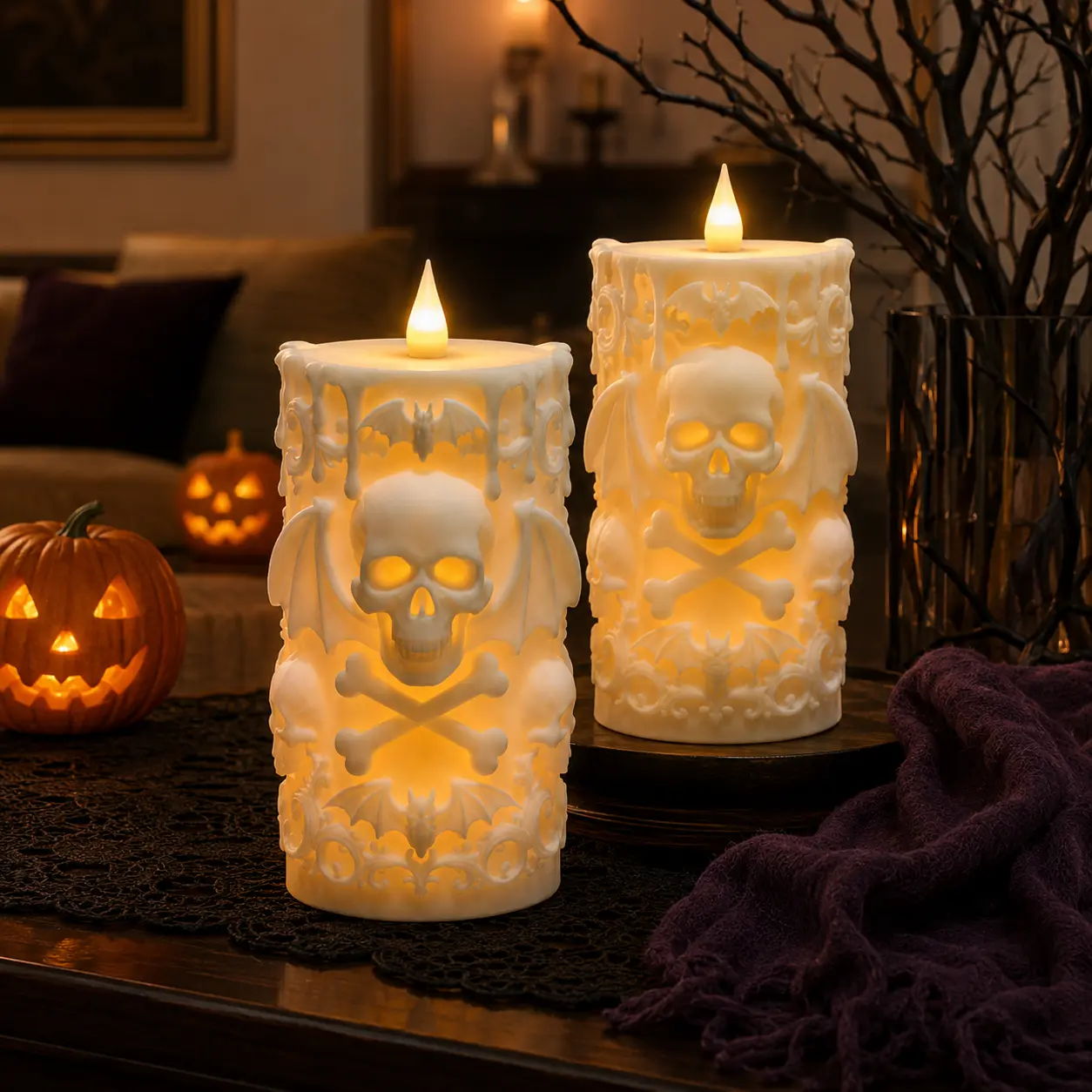 Customizable Ivory Gothic Skull Flameless LED Pillar Candle, 6.1 Inch Halloween Bat Decor for Mantel, Tabletop & Bedroom