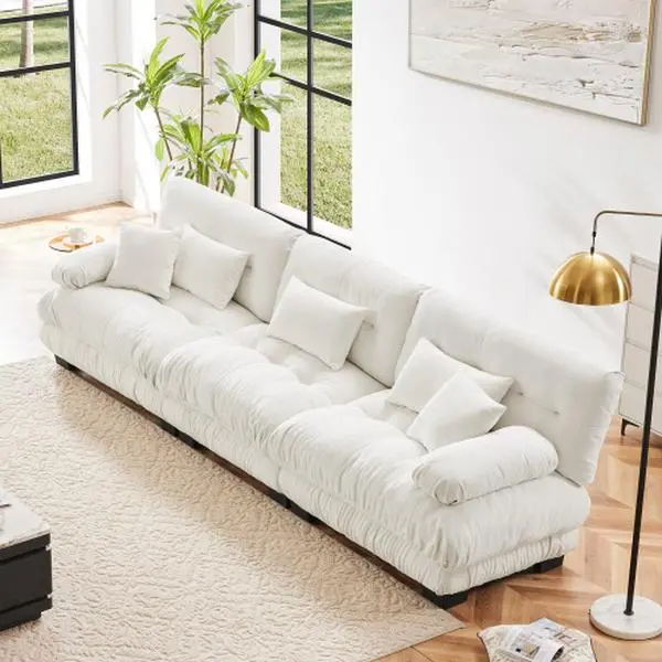133.8''Oversized Cloud Sectional Couches for Living Room Deep Seat Sofa Couch with 5 Pillows 3-Seat Chenille Modular Sectional Sofa Comfy Upholstered Furniture Couch for Apartment Studio Office, White