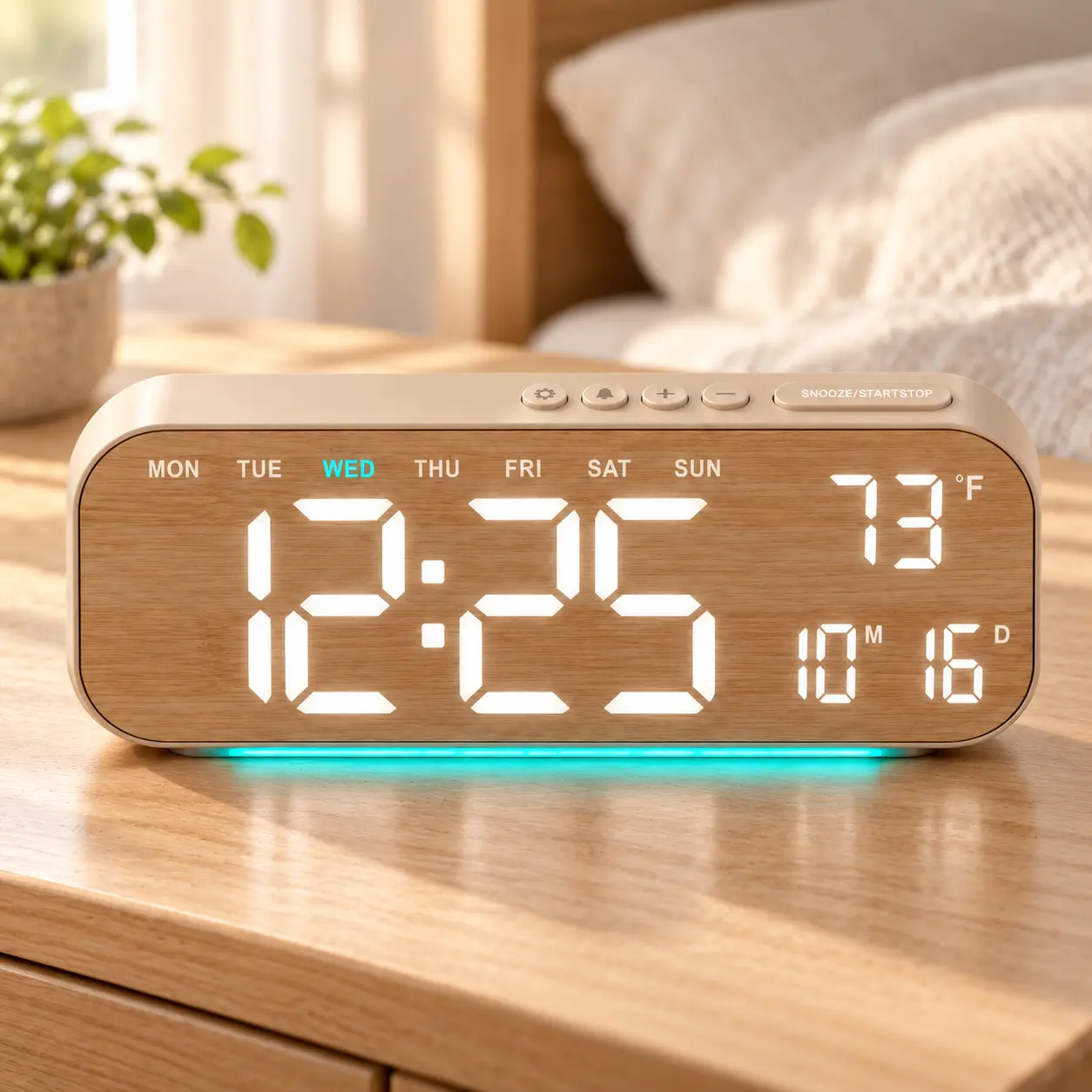 Alarm Clock for Bedroom - 9.4" Large Digital LED Clock, Aesthetic Wood & Linen Bedside Clock with Temp & Date, Dual Alarms, Dimmable Desk Clock - TIMESS