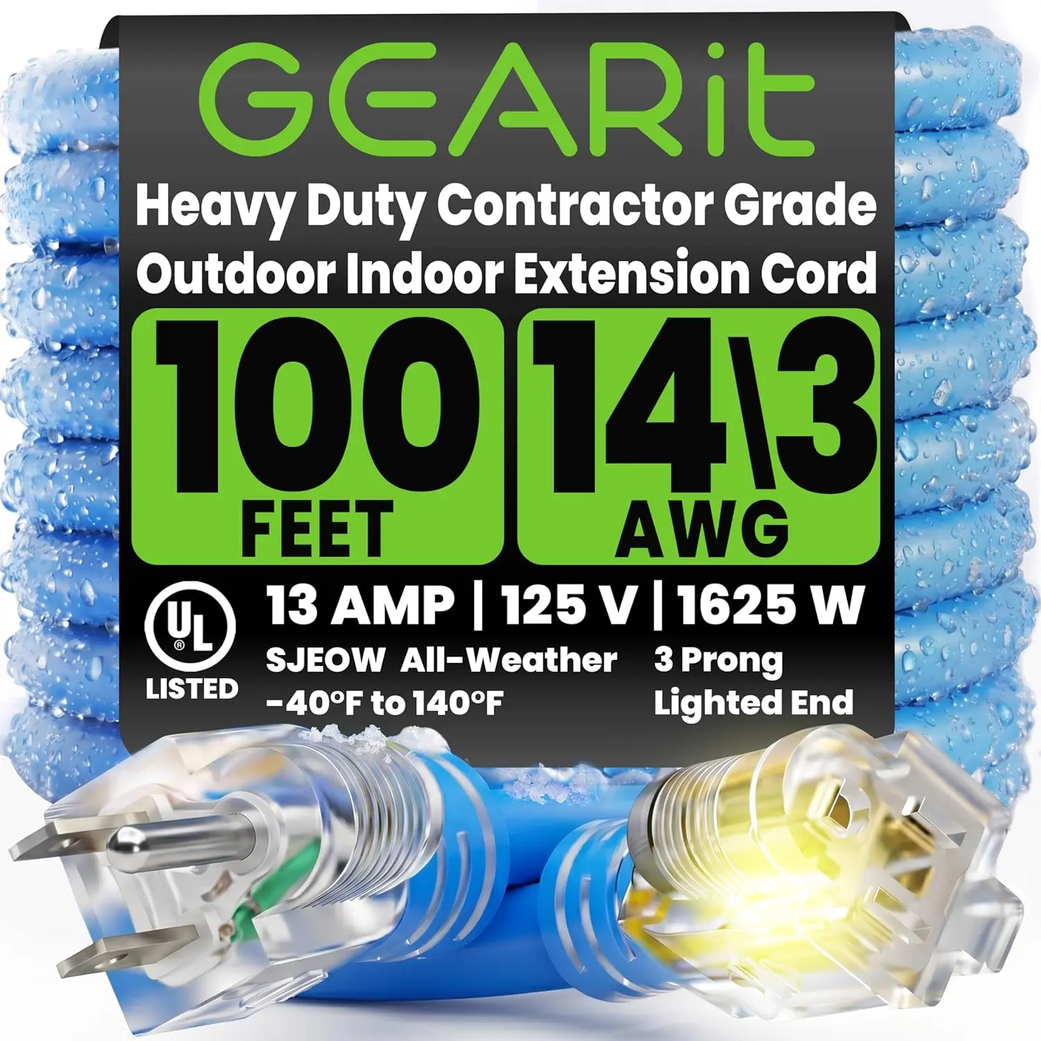 14/3 Outdoor Extension Cord 100 Feet - SJEOW - Extreme Weather Resistant - 14 Gauge 3 Prong, Blue