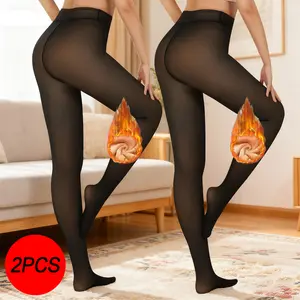 2 Pairs Fleece Lined Tights One Seam Women Fleece Lined leggings - Warm Sheer Pantyhose Fake Translucent Tights Winter Thermal Leggings Fit Hip
