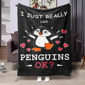1pc Cute Penguin Flannel Blanket | Soft Digital Printing | Festival Gift Nap Travel Plane Throw