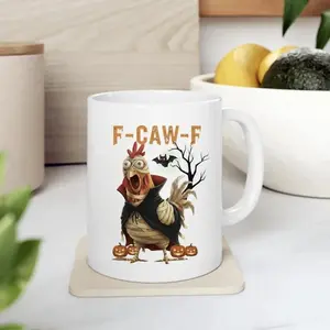 BNB – F-Caw-F Chicken and Pumpkin 11oz/15oz Ceramic Mug, Halloween Graphic Farm Animal Cup Gift for Besties Coworker Colleague Workmates on Birthday Thanksgiving Christmas, Hilarious Office or Home Office Drinkware Reusable And Washable Coffee Cup