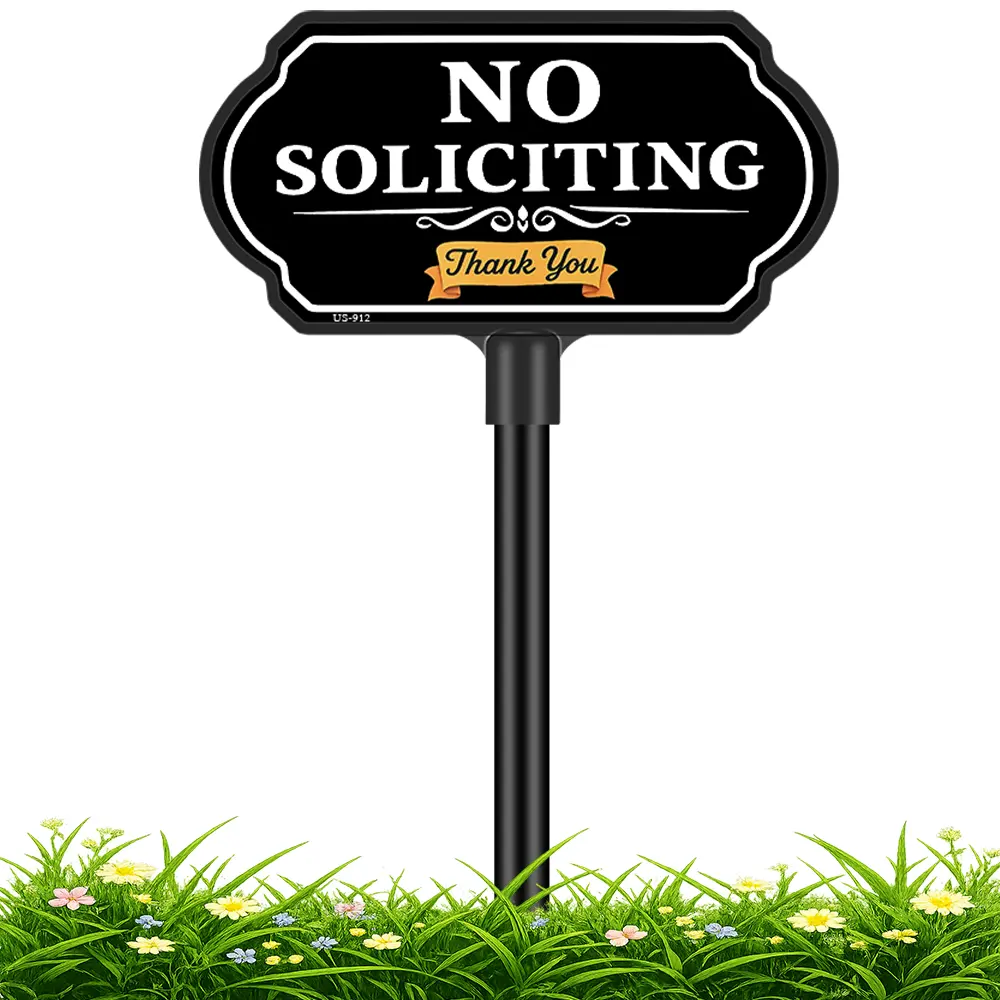 No Soliciting Sign for Home 10×5 Inch Aluminum Yard Sign with Adjustable 24–37 Inch Stake Weatherproof UV Printed Outdoor Sign for Lawn Driveway Front Door Garden