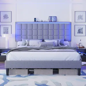 AMERLIFE Button Tufted Platform Bed Frame with LED Lights, Upholstered Bed Frame with Charging Station, Wood Slat Support, marco de cama/Best Gift Ideas/Christmas Gifts