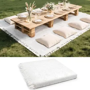 91 x 71  White Outdoor Picnic Blanket, Woven  Yarn Oversize Portable Blanket with Fringe for Camping, Lawn or Wedding. Indoor Bohemia Decorations, Machine Washable