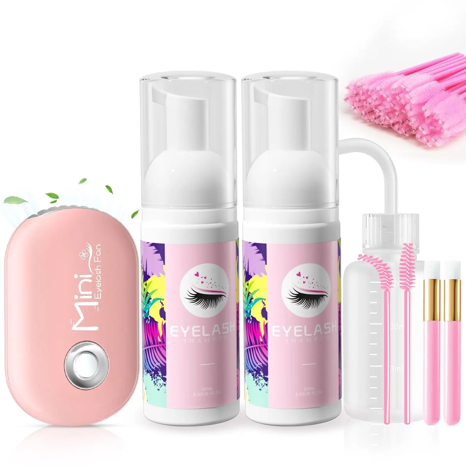 Halloween Gift Lash Shampoo Care Kit - 2 x 60mL Lash Cleanser Bottles, Eyelash Fan, Rinse Bottle, Cleansing Brushes, 50 Spoolies, Makeup Remover Tool for Eyelash Maintenance