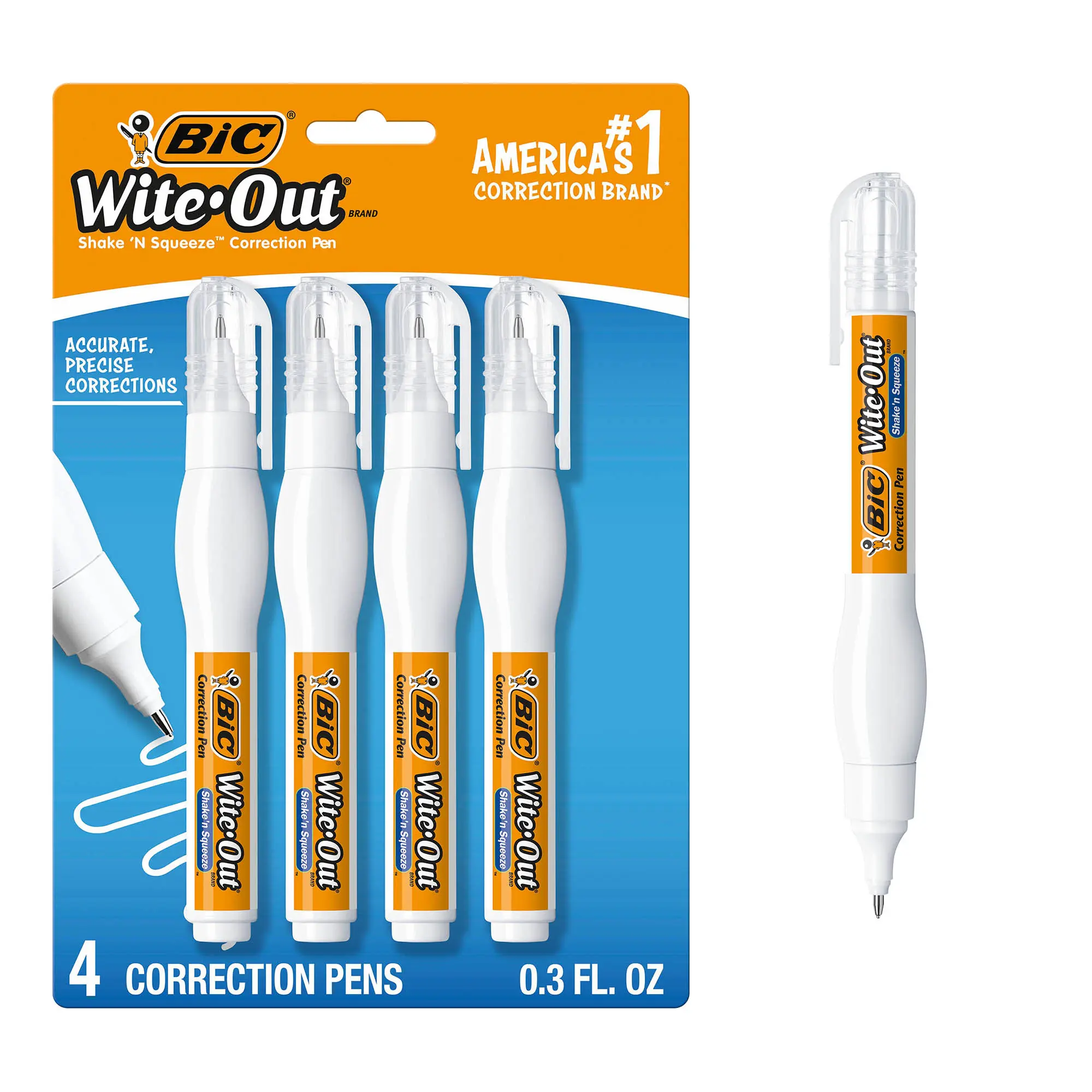 BIC Wite-Out Brand Shake 'n Squeeze Correction Pen, 8 mL, 4-Count