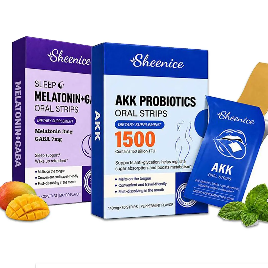 Sheenice 2-Pack Dietary Natural Supplements Bundle: 30 Strips Fast-Dissolving Sleep Strips & 15B CFU AKK Probiotics, Mango & Peppermint Flavors, Gluten-Free, Sugar-Free, 30 Count Each