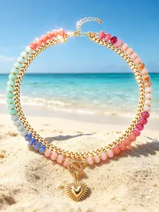 Rainbow Beaded Cuban Link Chain, Double Layer Heart Pendant Necklace, Ideal Gift for Seaside Vacation