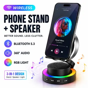 Wireless Speaker Phone Stand with RGB Light, Foldable Bluetooth Speaker Stand, Adjustable Phone Holder with Power Bank for iPhone Samsung Android