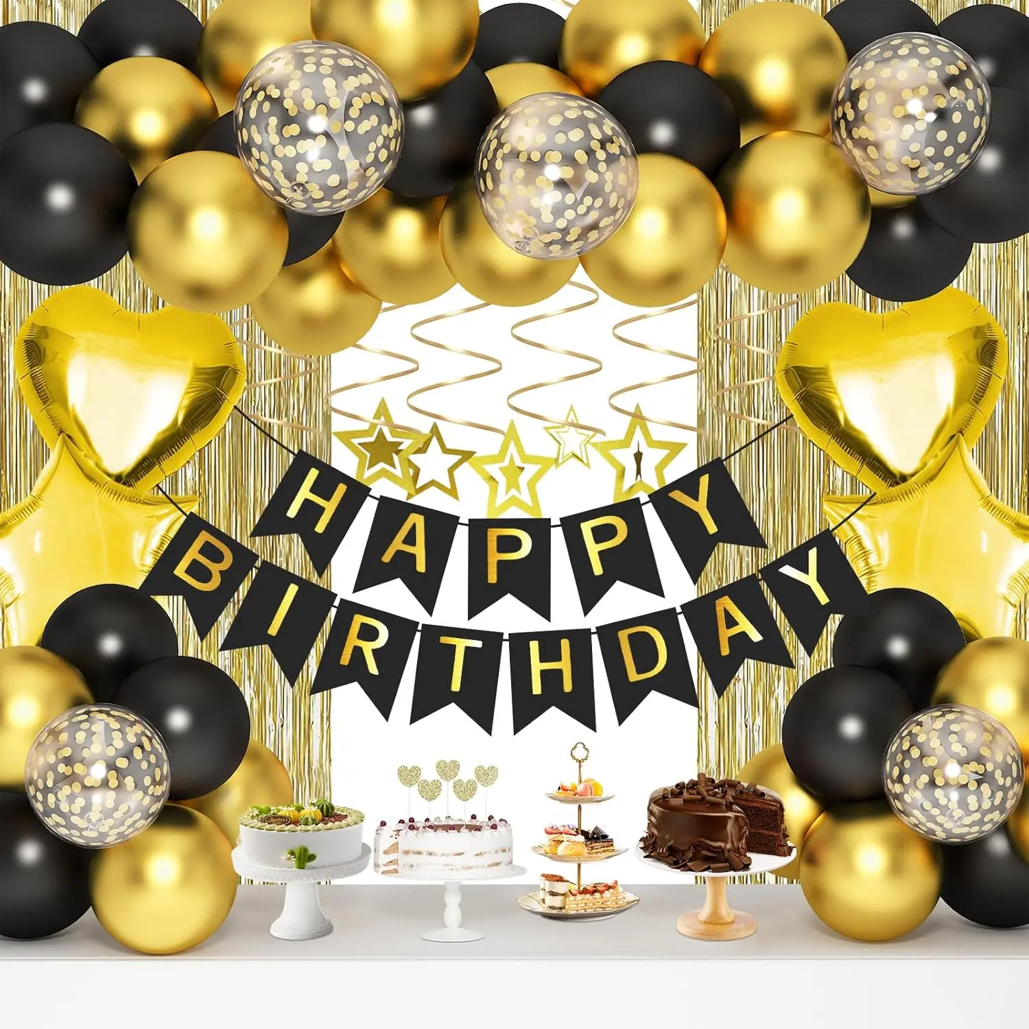 Black Gold Birthday Decorations, Gold Party Decorations Set with Birthday Banner, Black Gold Balloons, Gold Fringe Party Curtains, Hanging Swirls, Cake Toppers for Girls Women Men Kids Birthdays Party Gifts Shiny father's day gifts