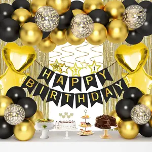 Black Gold Birthday Decorations, Gold Party Decorations Set with Birthday Banner, Black Gold Balloons, Gold Fringe Party Curtains, Hanging Swirls, Cake Toppers for Girls Women Men Kids Birthdays Party