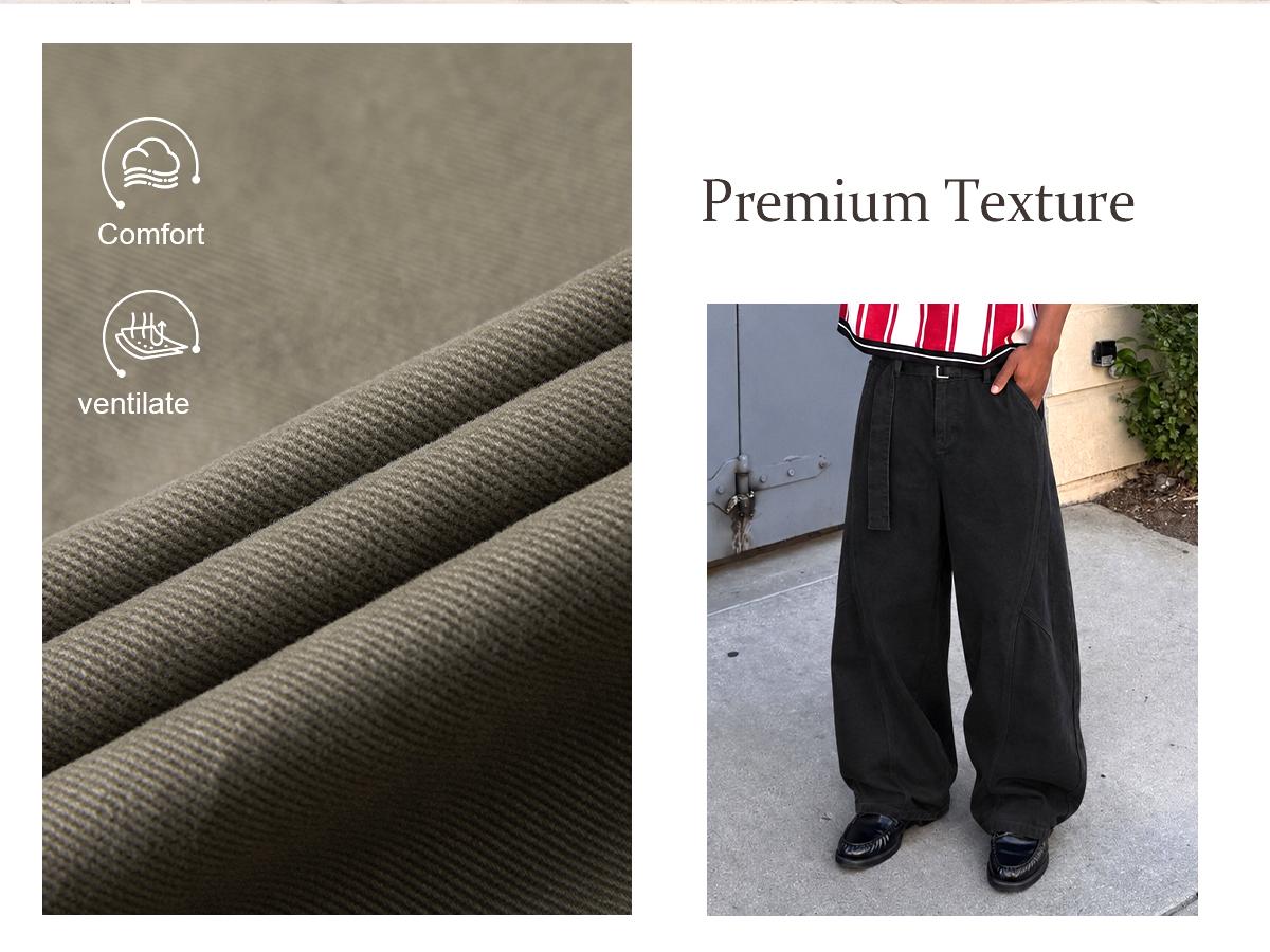 Men’s Vintage 100% Cotton Wide-Leg Pants, Relaxed Baggy Fit with Curved Seam Detail and Adjustable Belt, Retro Streetwear Trousers