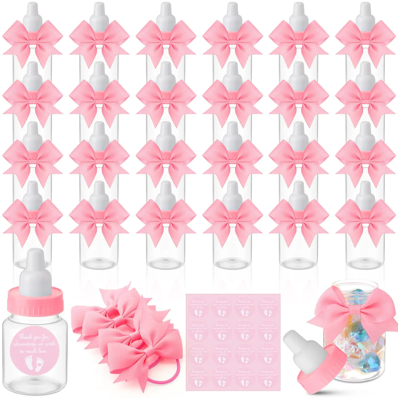 24/48 Pcs Baby Shower Prize Mini Baby Bottles Chug Plastic Milk Bottles Candy Baby Bottles with Thank You Showering Stickers and Bows Thank You Gifts for Guests,Birthday Party Baby Shower Favors Gift