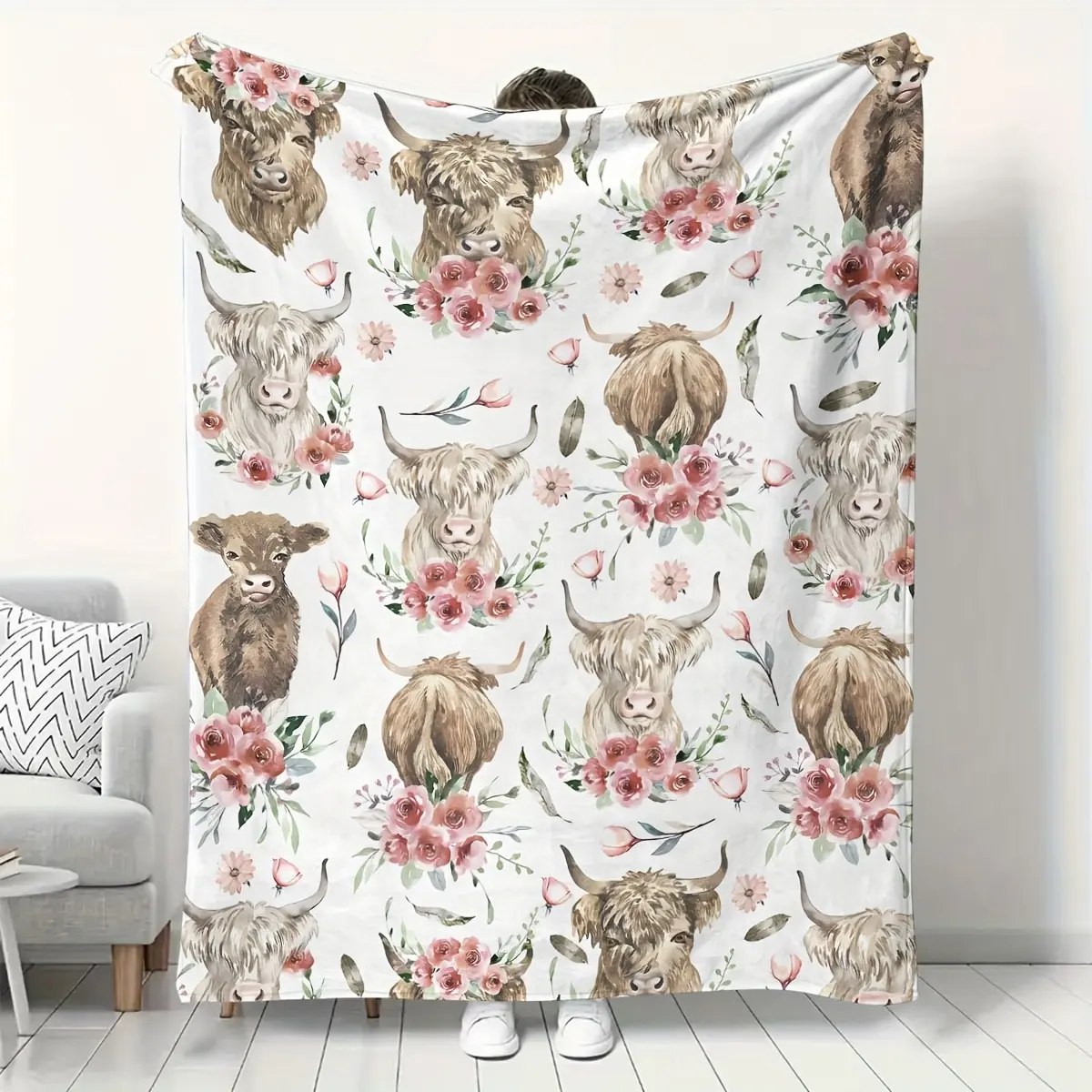 Cute Highland Cow Print Flannel Blanket - Fluffy Texture, Multi-Size, Lightweight Soft Bedding Throw for Adults Home & Travel, Living Room Sofa Napping