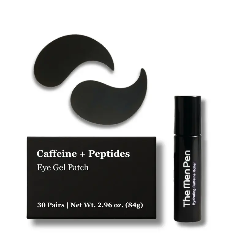 THEMENPEN Men's Hyaluronic Acid Quick-Absorb Gel Eye Revival Duo - Caffeine-Rich Roller + Peptide Under Eye Patches, Lightweight Daily Skin Care for Adults, Targets Puffiness, Dark Circles, Smooth Hydration, Cooling Touch