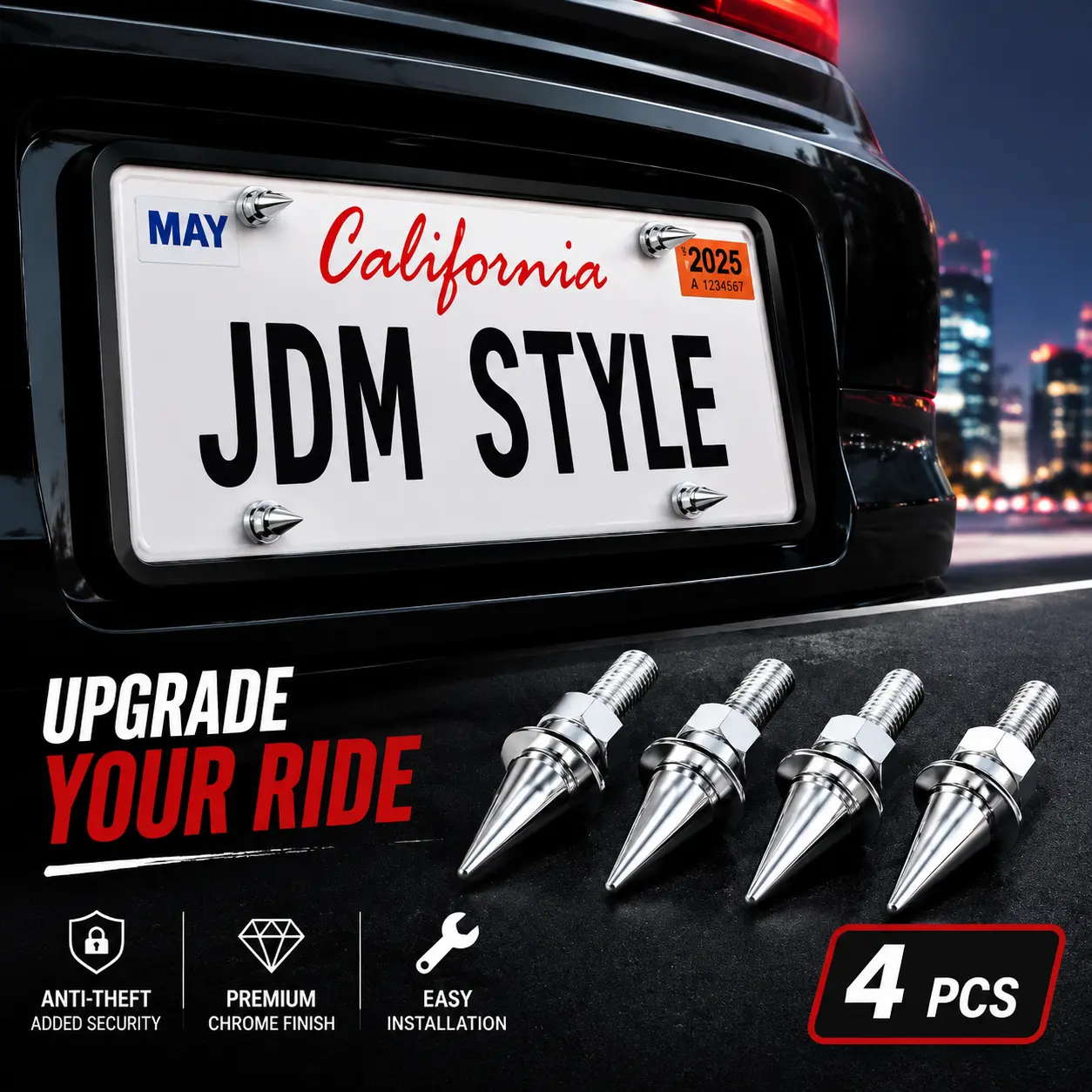 Spike License Plate Bolts 4PCS, JDM Style Car Modification Upgrade, Chrome Decorative Tag Screws with Lock Nuts, Universal Fit for Cars Trucks SUVs