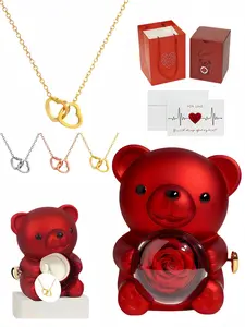 "Linked Hearts" Interlocking Double Heart 18K Titanium Steel Heart Design Necklace (with Magic Teddy Bear & Rose Jewelry Gift Box) - Ideal Gift for Wife, Mother's Day & Valentine's Day
