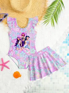 Girls' Sleeveless One-Piece Swimsuit Set with Short Skirt, K-Pop Gradient Star Glitter Print, Soft Comfortable Fabric, Beach Vacation Wear