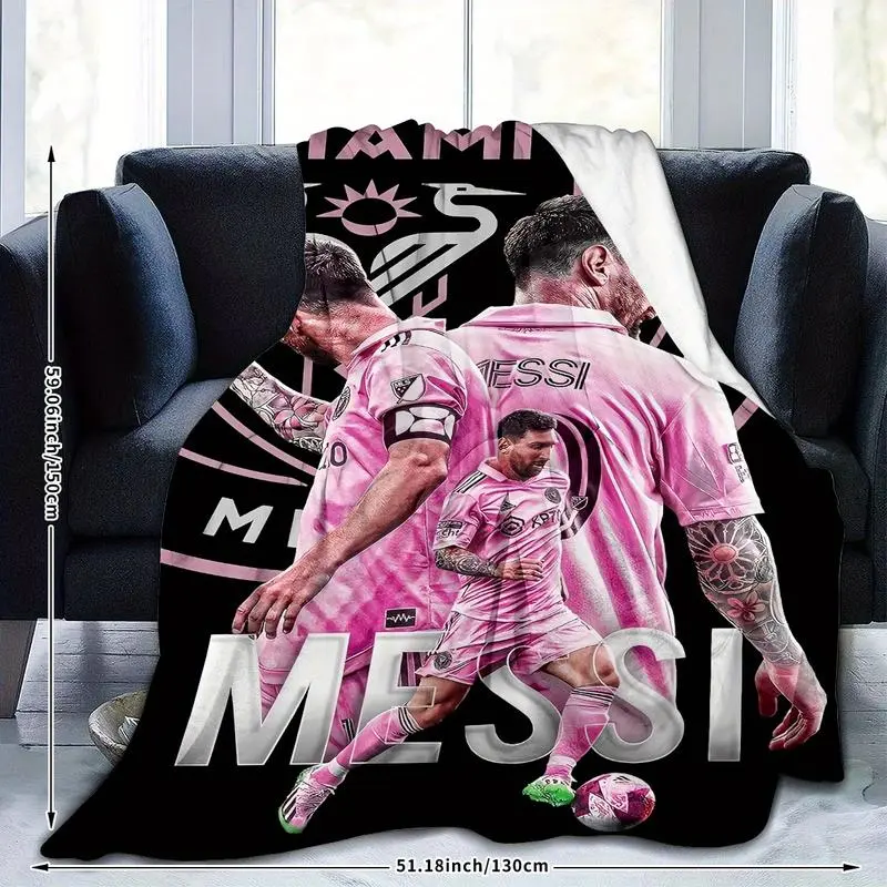 1pc Messi Football Star Flannel Throw Blanket - HD Digital Print, Ultra Soft, Warm, Breathable, Wrinkle Resistant, Anti-Pilling, Flat Weave, Geometric, All-Seasons Durable Blanket for Sofa, Chilly Movie Nights, Camping Travel, Gift for Sports Fans