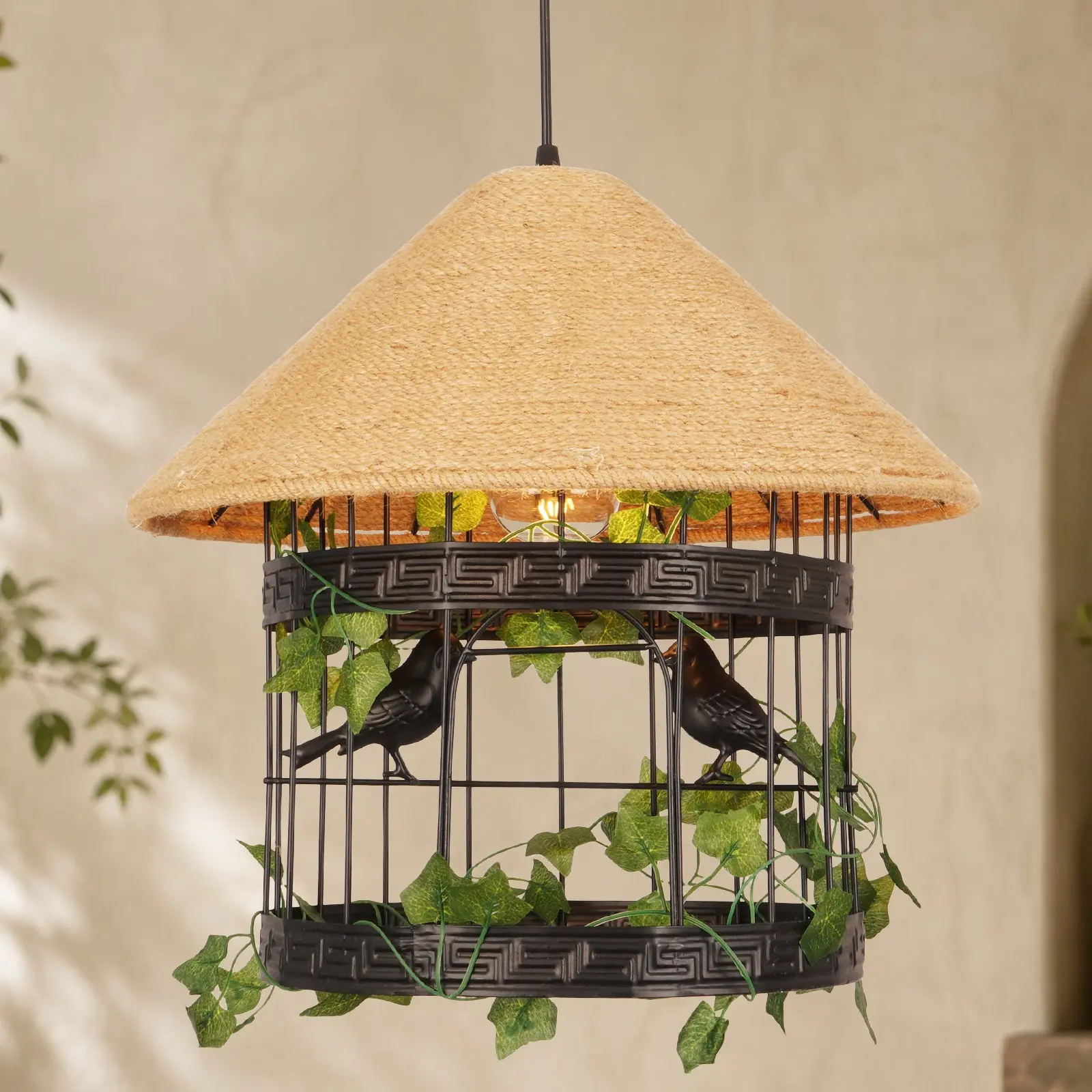 15.7 in Rustic Birdcage Pendant Light - Hand-Woven Rattan Hut Ceiling Lamp with Bird Figurines, Artificial Vine, E26 Hardwired Adjustable Cord for Farmhouse Cafe, Kitchen Decor