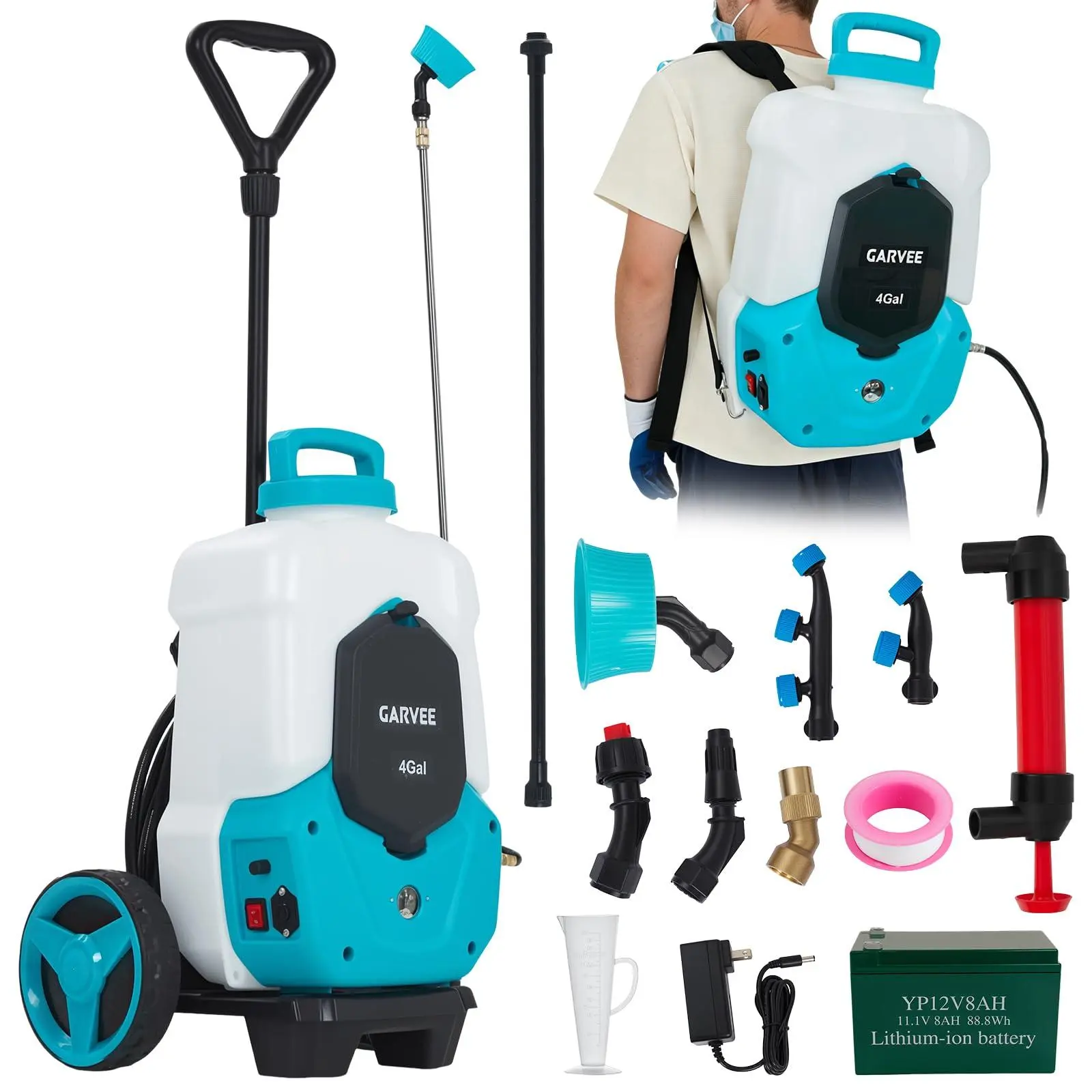 4 Gallons Battery Powered Backpack Sprayer with Wheeled Cart, 12V 8Ah Electric Sprayer with 6 Nozzles & 2 Wands, 4-6 Hour Runtime, 90PSI Adjustable Pressure, Trigger Lock, Yard Sprayers for Law