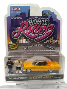 DGA x Greenlight Homie Rollerz 1963 Chevrolet Impala Convertible Yellow Diecast Metal 1/64 Scale with Big Lots & Pistoman Collectible Figures