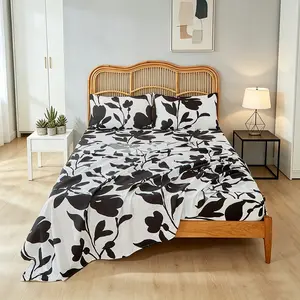 Black and white floral printed fitted sheet and flat sheet set (1 fitted sheet + 1 flat sheet + 2 pillowcases ), with high artistic appeal, simple bedding, suitable for all seasons, suitable for decoration of bedrooms, guesthouses, guest rooms, etc.