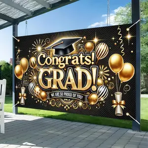【graduation2026】Graduation Banner Congratulations Class of 2026 Gold and Black Graduation Backdrop Supplies 71*43 Inches